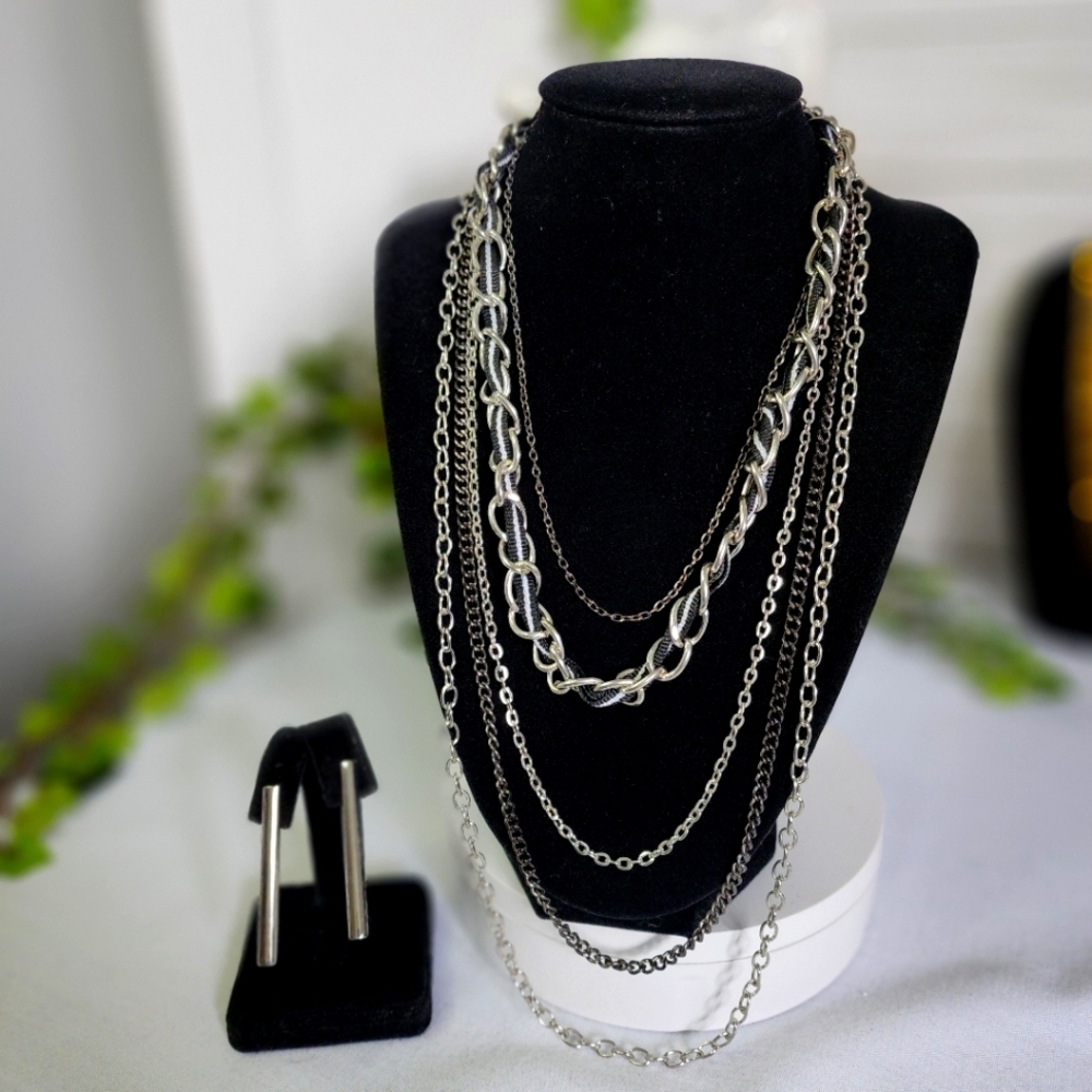 Silver and Black 5 Strand Layer Necklace and Earrings Set New